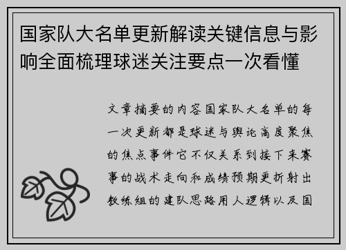 国家队大名单更新解读关键信息与影响全面梳理球迷关注要点一次看懂 国家队大名单更新解读关键信息与影响全面梳理球迷关注要点一次看懂