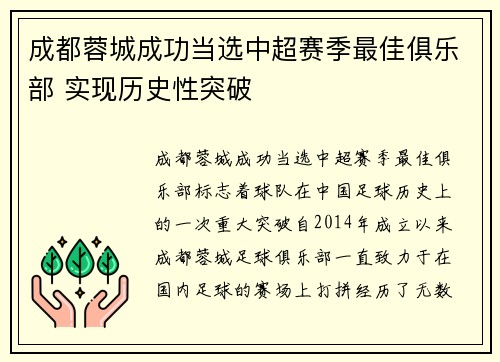 成都蓉城成功当选中超赛季最佳俱乐部 实现历史性突破 成都蓉城成功当选中超赛季最佳俱乐部 实现历史性突破